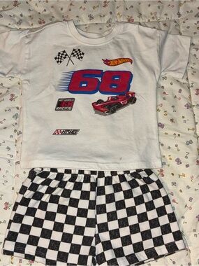 Mattel Hot Wheels White Tee and Black-White Check Shorts Kids Matching Set